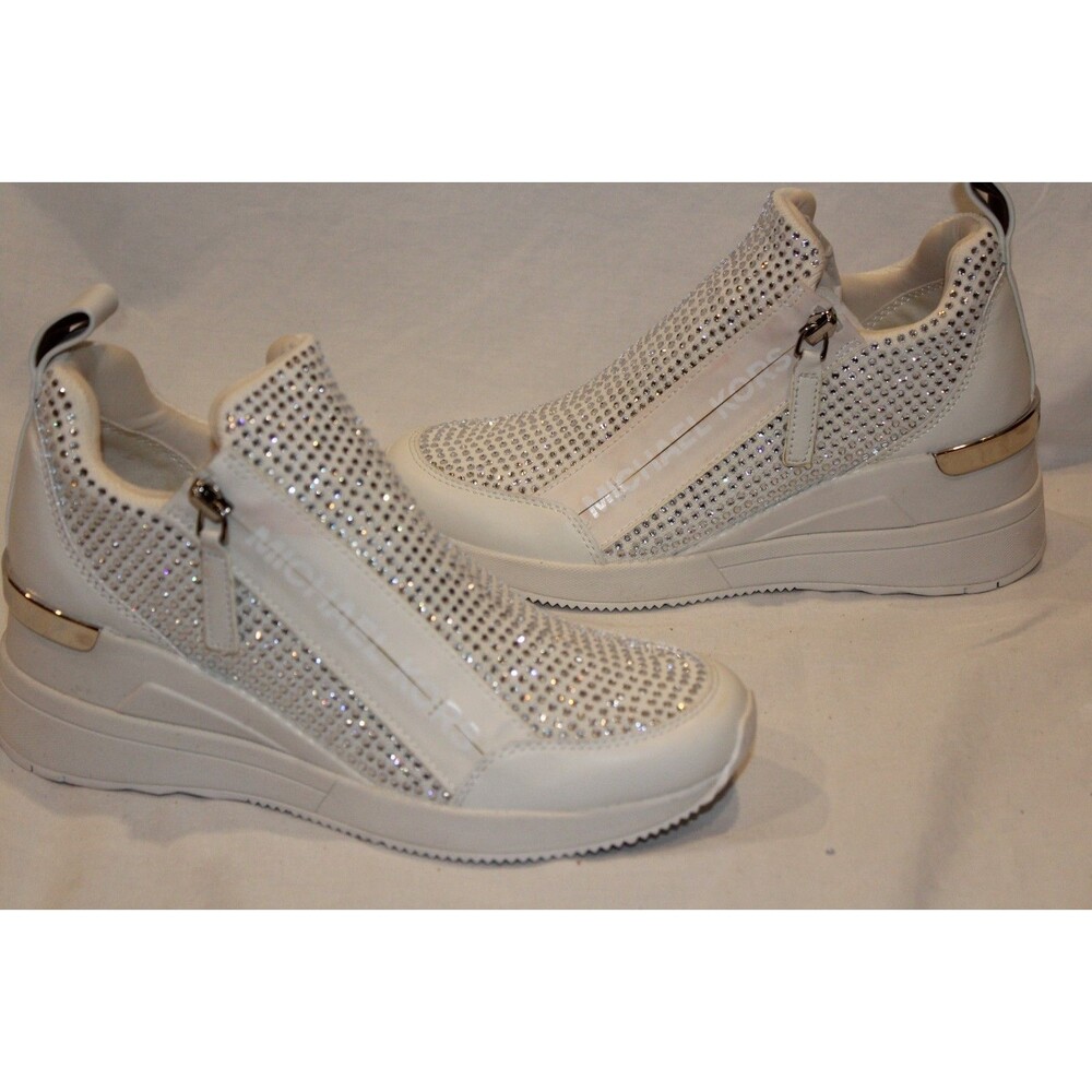 MICHAEL Michael Kors Willis Knit Trainer Wedge Sneakers 7.5 NIB WHITE SILVER